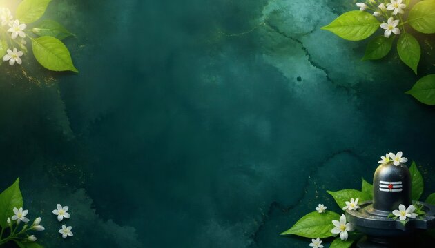 Sacred shivling with white jasmine flowers and fresh green leaves on dark green watercolor background,