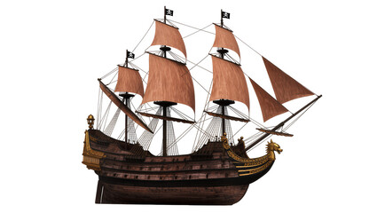 Galleon pirate ship with skull flags and orange sails © Natalia