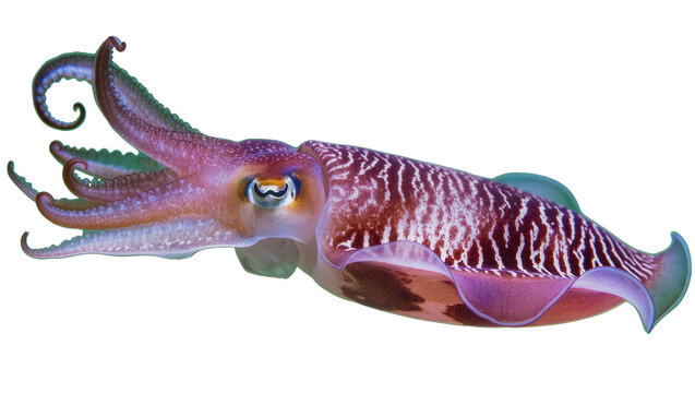 Cuttlefish with purple and white patterned mantle and tentacles