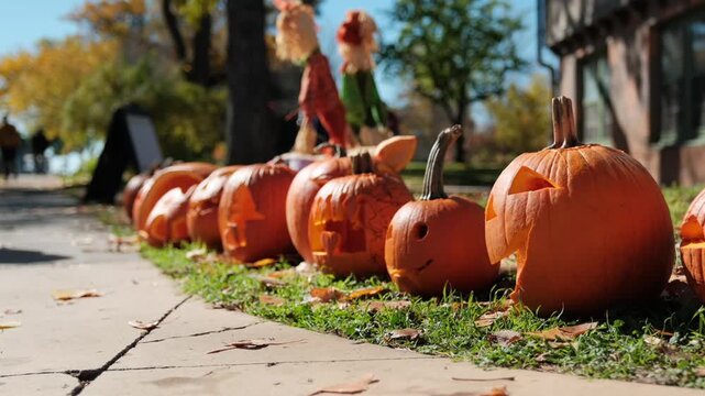 4K UHD video showcasing a long row of festive carved jack-o-lanterns resting on a grassy sidewalk edge. Dry fallen autumn leaves surround the bright orange Halloween pumpkins.