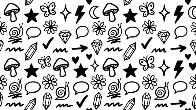 Doodle Garden. Hand drawn seamless pattern featuring mushrooms, flowers, snails and stars in black line art, ideal for fabric design, wallpaper and gift wrap.