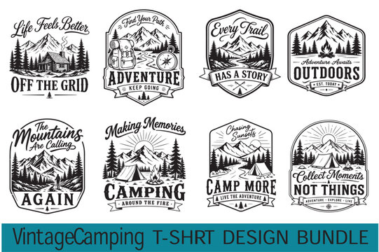 Premium Vintage Camping Adventure Black and White Minimal T-Shirt Vector Design Bundle