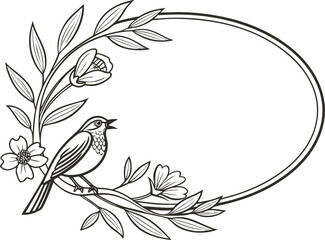 Fototapeta premium Elegant oval floral frame vector illustration featuring a singing bird perched upon a blooming branch