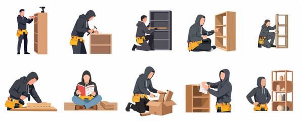 Set of professional handyman characters assembling wooden furniture and bookshelves with tools in flat vector illustration style © Pixiso