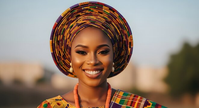 Portrait of a beautiful Nigerian woman wearing traditional gele headwrap and colorful attire.