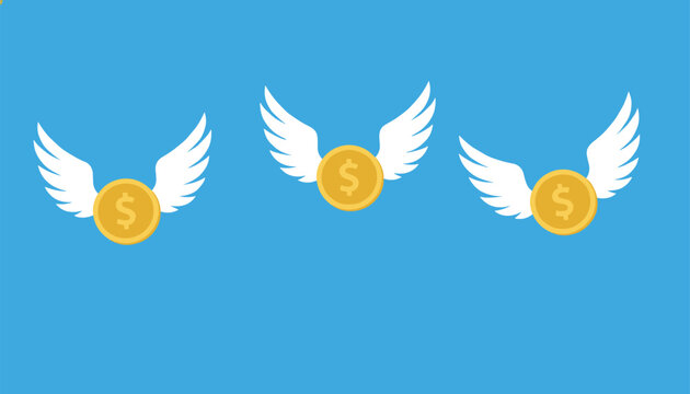 Flat vector illustration of three flying gold coins with white wings representing money movement, inflation, or financial loss.