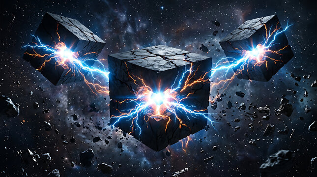 Dark geometric cubes connected by electric lightning arcs in space with lightning electricity floating abstract asteroid discharge futuristic geometry particles celestial connection