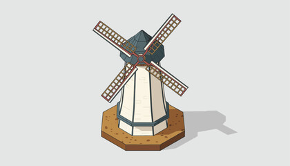 Obraz premium Traditional European windmill with wooden blades on an octagonal stone base shown in isometric projection.