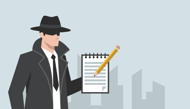 Professional detective in a dark trench coat and fedora hat holding a notepad and pencil to take notes.
