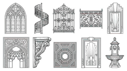 Vintage architectural elements set, ornate gothic window and art deco door vectors, classical wrought iron gate and spiral staircase illustrations © Sidra