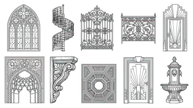 Vintage architectural elements set, ornate gothic window and art deco door vectors, classical wrought iron gate and spiral staircase illustrations
