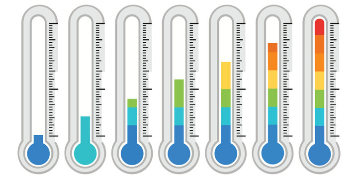 Thermometer Levels: A series of seven thermometers, each displaying a different level of fluid, illustrating a range from low to high, possibly representing temperature or a graded scale.