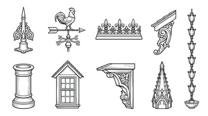 Vintage architectural roof elements vector set, Victorian house exterior details, antique weather vane and chimney icons for home restoration © Sidra