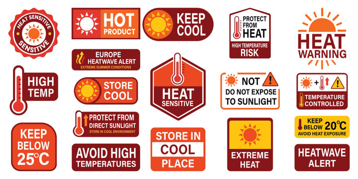 Heat Warning Labels Collection: A compilation of vibrant warning labels and signs providing essential information about heat sensitivity, temperature control, and heatwave alerts.