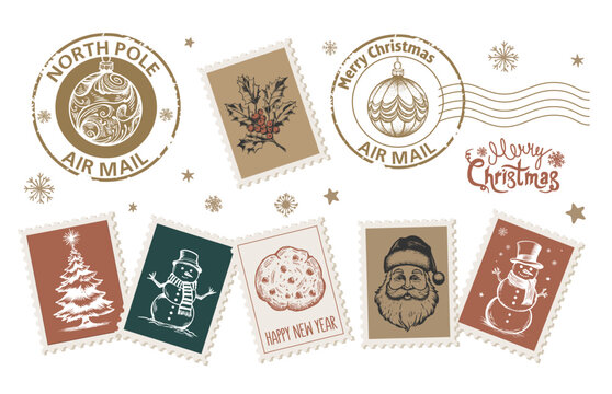 Vintage christmas postage stamp set featuring hand drawn santa claus, holly, christmas trees, and snowmen with north pole air mail postmarks for holiday correspondence