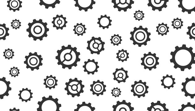 Seamless mechanical background pattern of various sized black gears and cogs on a simple white background illustration.