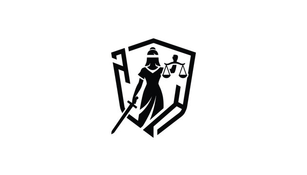 Black and white vector logo of blindfolded Lady Justice holding sword and scales inside a shield symbol outline.