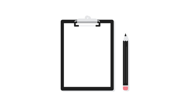 Blank paper sheet on a black clipboard with a graphite pencil on a clean background is ready for taking notes.
