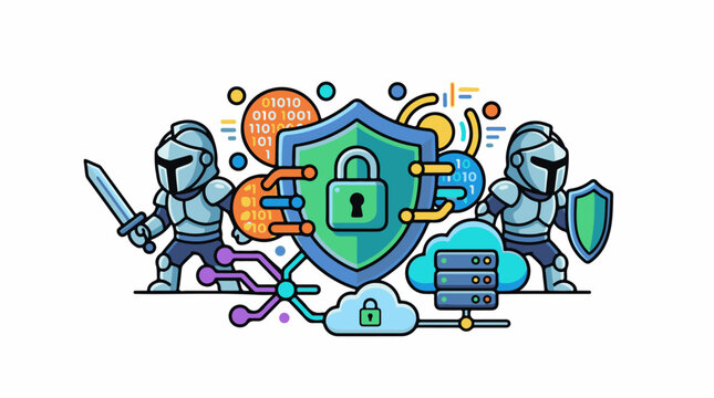 Cartoon illustration of a blue shield with a green lock surrounded by two knights binary code servers and a cloud