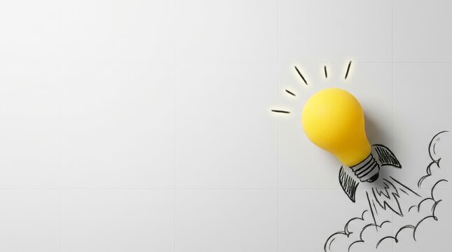 Rocket launching yellow light bulb symbol with hand drawn smoke on white tiled background for creative startup brainstorming and business success.