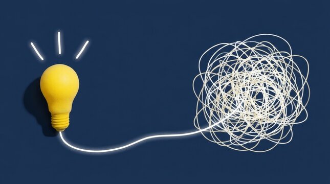 Conceptual design of yellow light bulb connected to a messy tangled white thread on dark blue background representing simplification of complex problems.