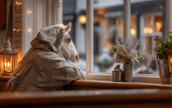 Traditional Welsh Mari Lwyd Figure Resting by Window in Soft Evening Light