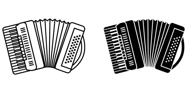 Accordion music instrument with keyboard and bellows isolated on white background in graphic style