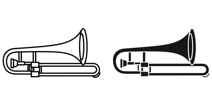 Outline and solid silhouette of a trombone on a white background for graphic design