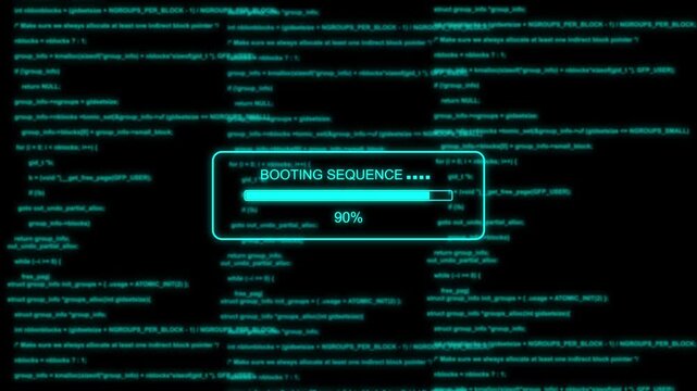 Futuristic Booting Sequence Progress Bar Animation at 0 to 100 Percent with Digital Code Background