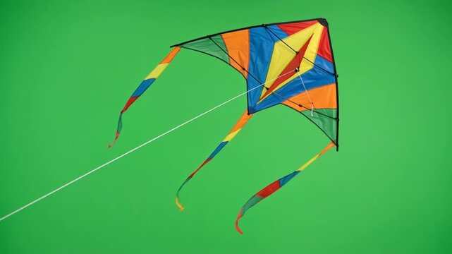 Delta kite with colorful nylon panels and ribbon tails flying on green chroma key background. Framed fabric wing, single flying line, outdoor recreation, green screen keying isolated cutout.