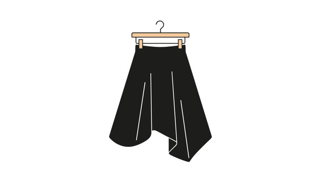 Modern black asymmetrical wrap skirt hanging on a wooden clothes hanger isolated on a plain white background.