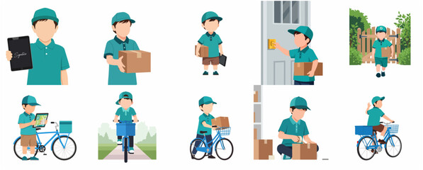 Fototapeta premium Vector illustration set of a delivery boy in uniform performing various tasks like riding a bicycle, carrying parcels, using a tablet, and packing boxes for shipment and courier service.