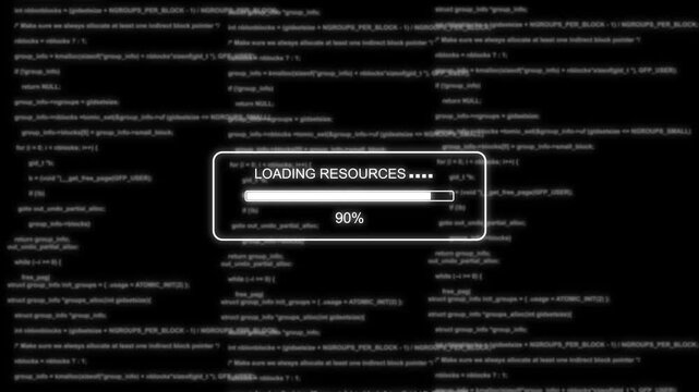 Futuristic Loading Resources Progress Bar Animation at 0 to 100 Percent with Digital Code Background