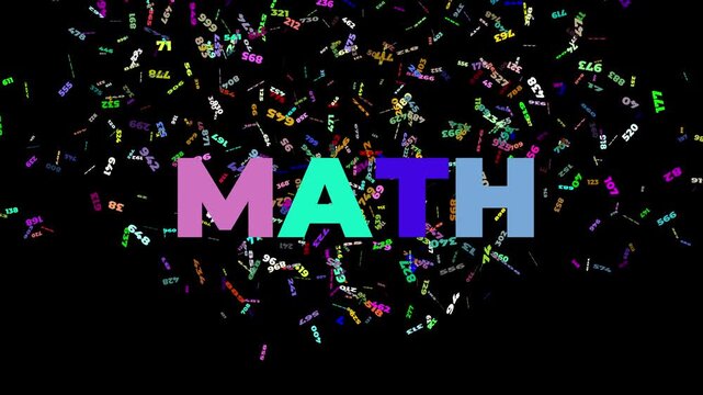 word math displays in vivid random colors surrounded by a vast array of floating numbers appearing dynamically against a solid black background