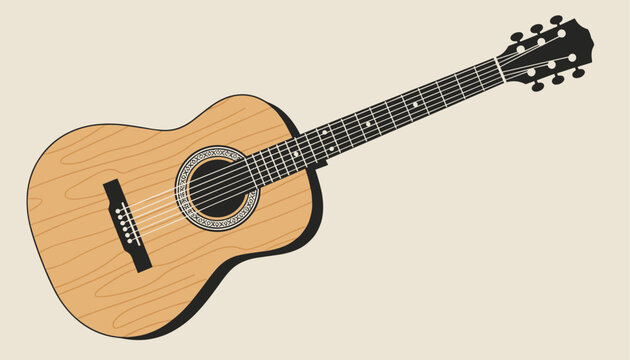 Classic six-string acoustic guitar with a beautiful wooden finish and elegant details on a beige background.