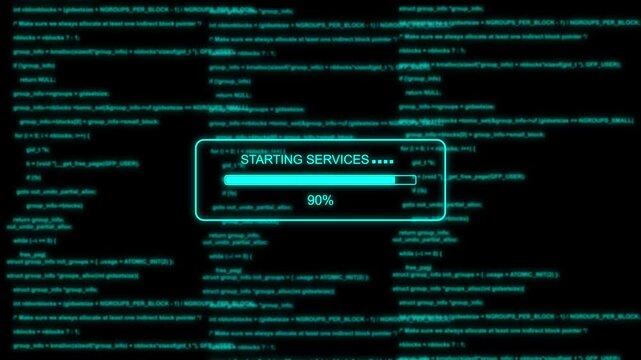 Futuristic Starting Services Progress Bar Animation at 0 to 100 Percent with Digital Code Background