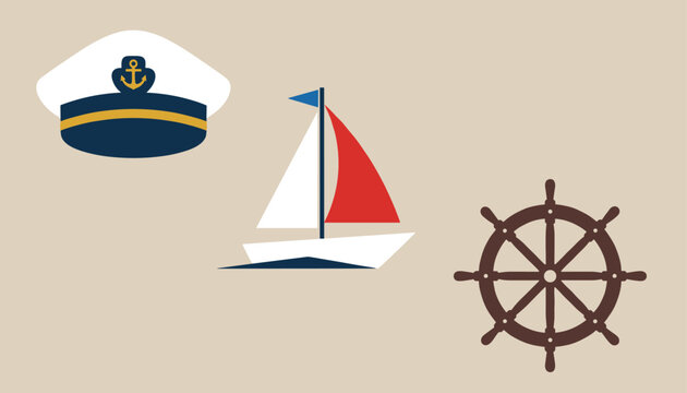 Nautical set including a dark blue sailor captain hat, a colorful sailing boat, and a classic wooden ship wheel.