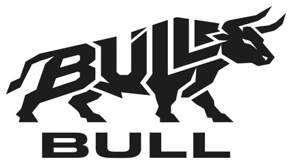 Bull silhouette is creatively formed by the word bull in a bold typography design representing market strength. © Adam