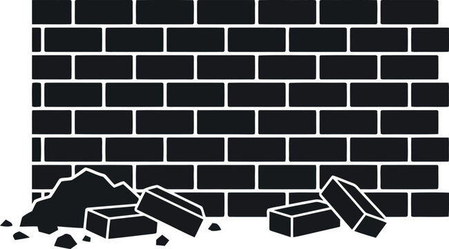 broken brick wall with pile of debris black silhouette vector icon graphic element isolated on white background