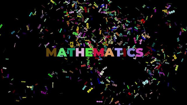 MATHEMATICS text appearing in random colors with  numbers on black background