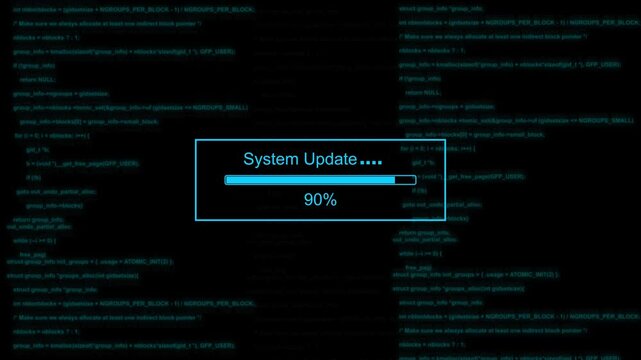 Futuristic System Update Progress Bar Animation at 100 Percent with Digital Code Background
