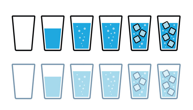 Glass of water vector illustration set. Fresh liquid stages, sparkling bubbles, square ice cubes, clear transparent background.