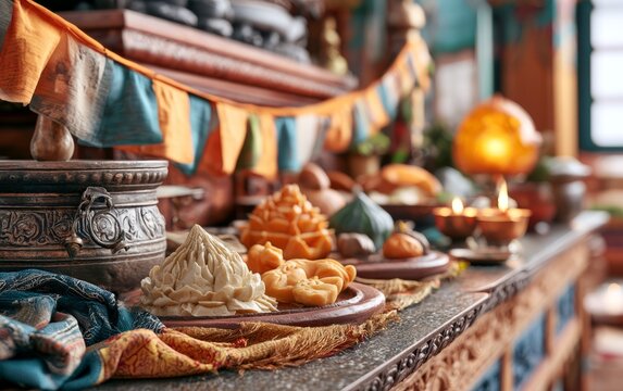 Vivid Buddhist Torma Offerings on an Altar Surrounded by Colorful Decor