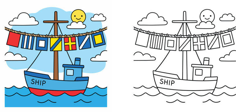 Coloring book page for kids with a cartoon ship sailing on the sea and a colored example, educational children activity vector illustration.