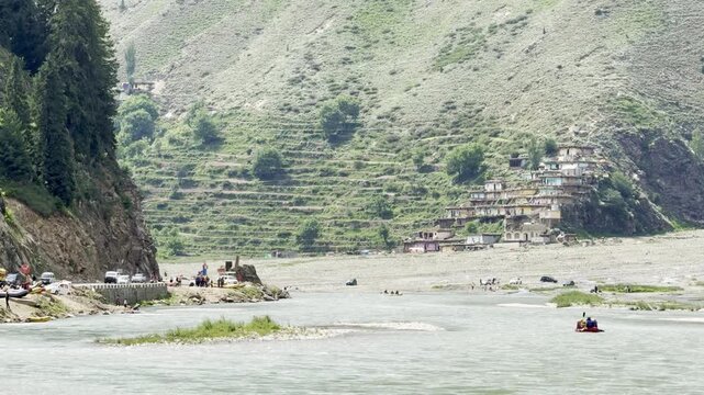 Adventure River Rafting at Kunhar River Near Naran Pakistan with Mountain Landscape Crystal Water Summer Tourism and Outdoor Adventure in Kaghan Valley