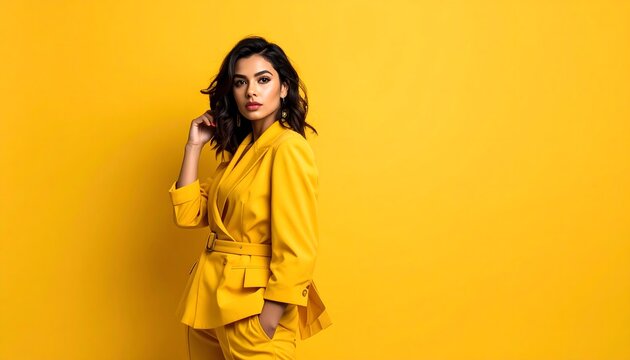 Mujer joven con traje amarillo posando sobre fondo amarillo en retrato de moda monocrom&aacute;tico