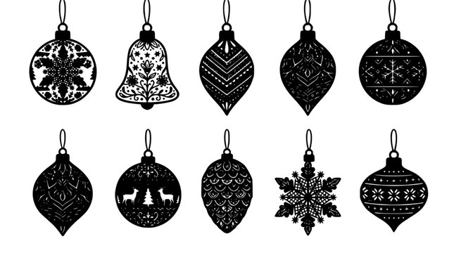 Christmas Ornament Icons Set with Black and White Patterns, Hanging Strings, and Festive Snowflake and Tree Designs