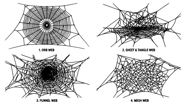 Web Graphics Set Showing Orb Web Sheet and Angle Web Funnel Web and Mesh Web with Black Line Patterns