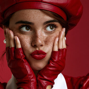 playful freckled woman in red fashion, fair skinned woman with red beret, stylish portrait with playful expression
