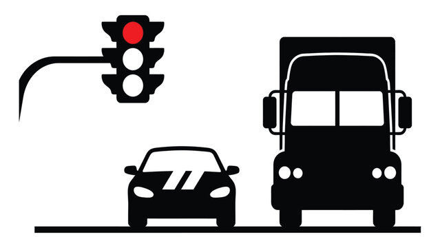 Traffic light shows a red signal while a car and a commercial truck wait at the intersection.